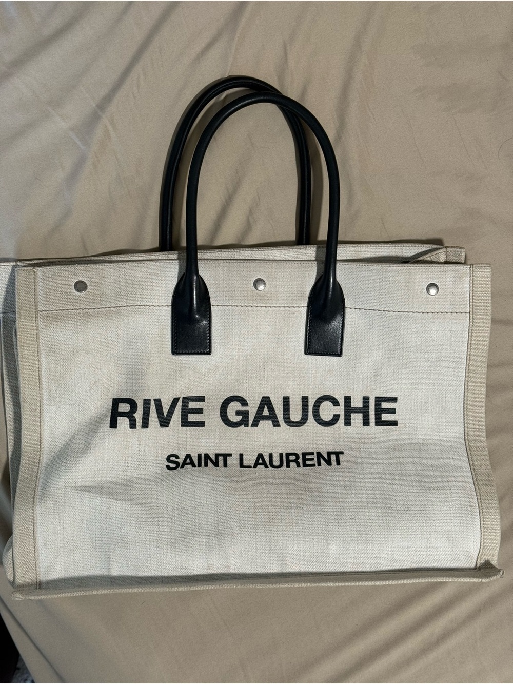 AUTHENTIC Saint Laurent Canvas Rive Gauche Tote in Cream and Black